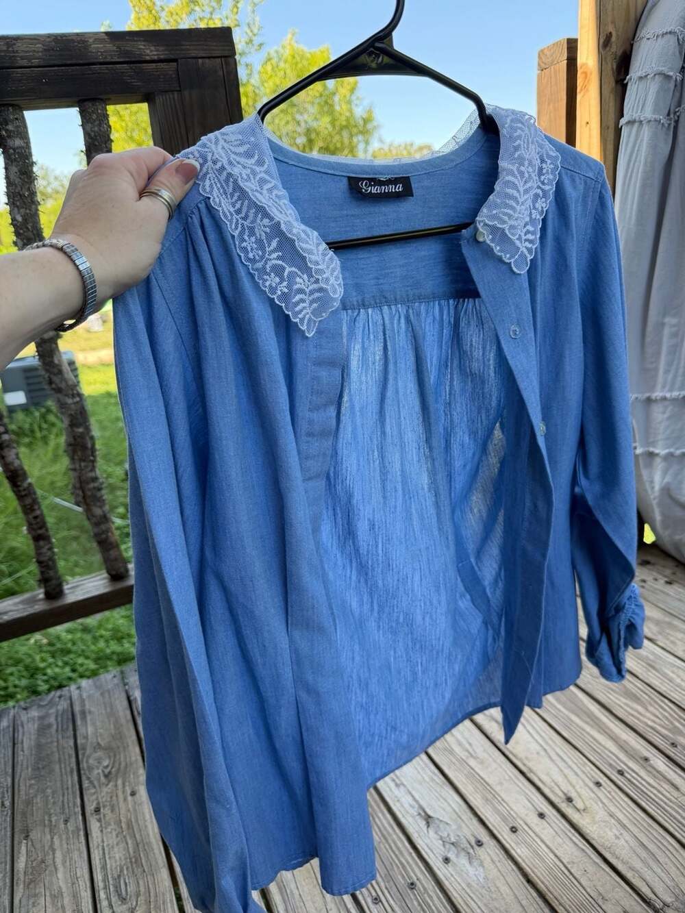 Gianna Blue Chambray Button-Down Blouse with Lace Peter Pan Collar